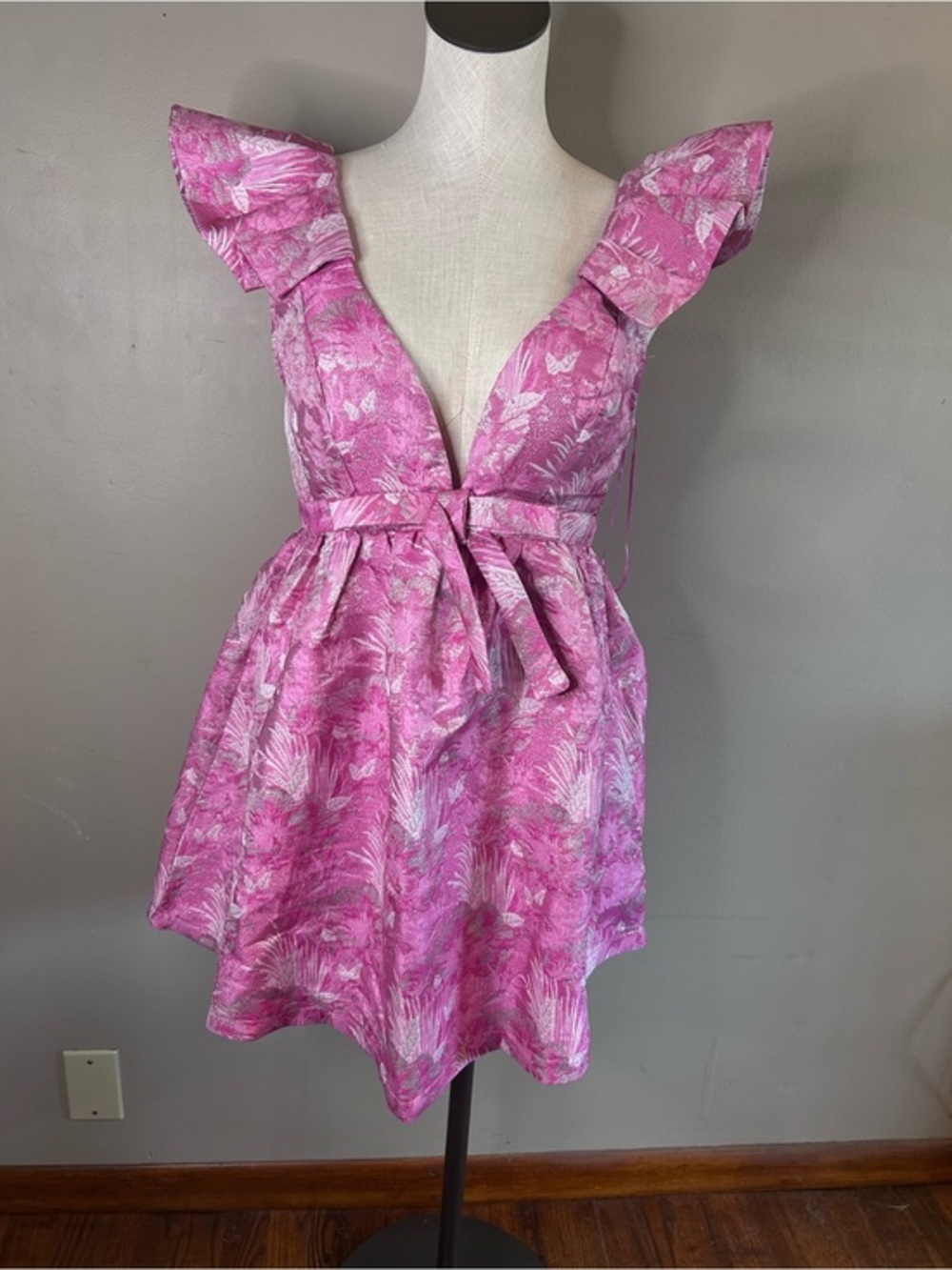 Pink Floral Flutter Sleeve V-Neck Mini Dress L Large